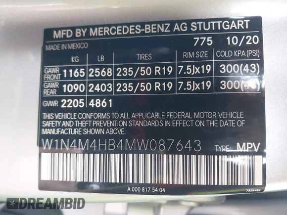 2021 Mercedes-Benz GLB 250 z VIN W1N4M4HB4MW087643, wystawiony jako IAAI lot #42049663 z przebiegiem 61 866 mil mil oraz . Historia ofert i sprzedaży dostępna na DreamBid. Obrazek 9.