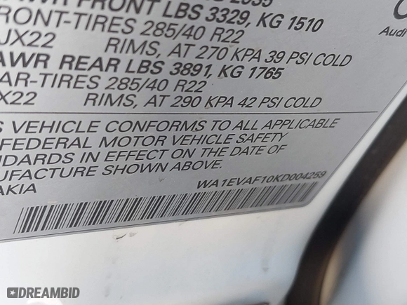 2019 Audi Q8 Premium Plus with VIN WA1EVAF10KD004259, listed as a IAAI auction lot 41670897 with 73,265 mi miles. Bid and sale history available at carsss.com. Image 9.