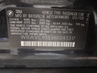 2008 BMW 3 Series 328xi with VIN WBAVC93538K043317, listed as a IAAI auction lot 41544348 with 127,823 mi miles. Bid and sale history available at carsss.com. Image 9.