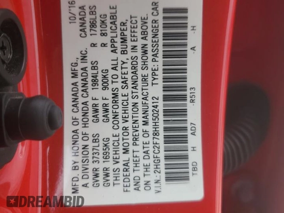 2017 Honda Civic EX z VIN 2HGFC2F78HH502412, wystawiony jako Copart lot #51948665 z przebiegiem 133 900 mil mil oraz Szkoda całkowita • Salvage title. Historia ofert i sprzedaży dostępna na DreamBid. Obrazek 13.