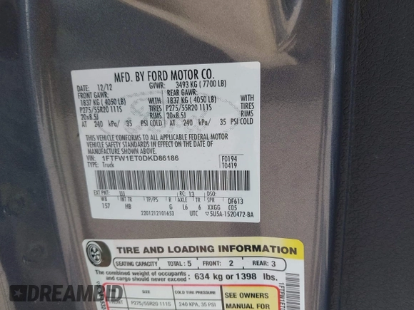 2013 Ford F-150 XL with VIN 1FTFW1ET0DKD86186, listed as a IAAI auction lot 42107898 with 97,635 mi miles and . Bid and sale history available at carsss.com. Image 9.