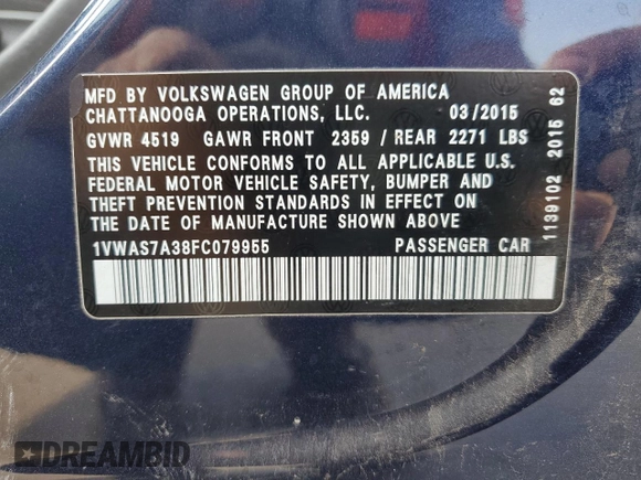 2015 Volkswagen Passat S with VIN 1VWAS7A38FC079955, listed as a Copart auction lot 85233014 with 133,305 mi miles and Salvage title. Bid and sale history available at DreamBid. Image 13.