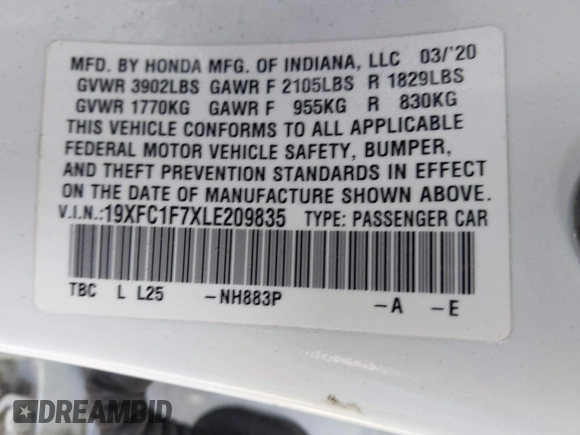 2020 Honda Civic EX-L with VIN 19XFC1F7XLE209835, listed as a IAAI auction lot 41699175 with 70,295 mi miles and . Bid and sale history available at DreamBid. Image 9.