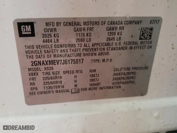 2018 Chevrolet Equinox Premier with VIN 2GNAXMEV7J6175017, listed as a Copart auction lot 45725975 with 116,227 mi miles and Salvage Title. Bid and sale history available at carsss.com. Image 13.