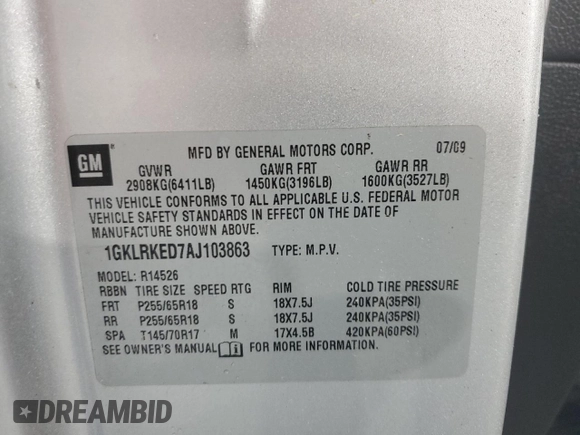 2010 GMC Acadia SL with VIN 1GKLRKED7AJ103863, listed as a Copart auction lot 58837045 with 171,226 mi miles and Clean title. Bid and sale history available at DreamBid. Image 13.