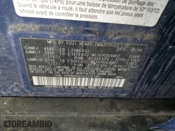 2010 Subaru Outback Premium with VIN 4S4BRBBC3A3328140, listed as a Copart auction lot 51992565 with Not provided miles and Salvage title. Bid and sale history available at DreamBid. Image 14.