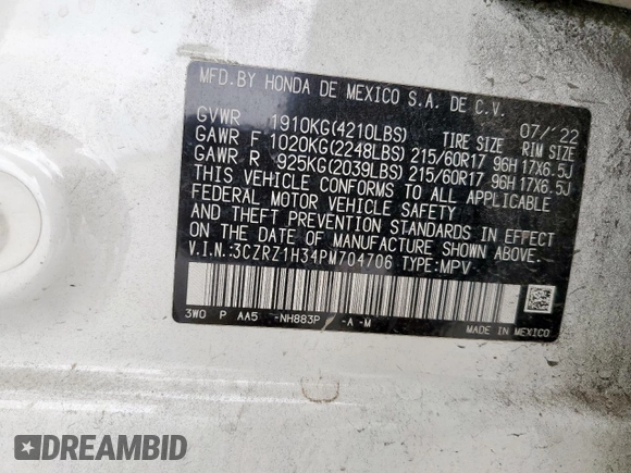 2023 Honda HR-V LX with VIN 3CZRZ1H34PM704706, listed as a Copart auction lot 51579045 with 192,672 mi miles and Salvage title. Bid and sale history available at DreamBid. Image 13.