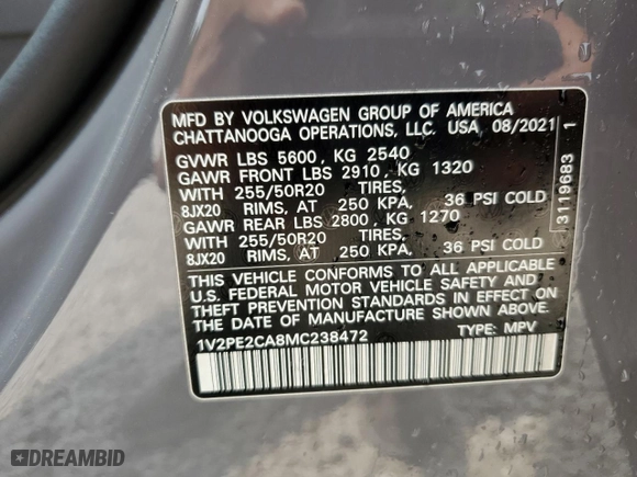 2021 Volkswagen Atlas Cross Sport 3.6L V6 SE w/Technology R-Line with VIN 1V2PE2CA8MC238472, listed as a Copart auction lot 56535884 with 29,494 mi miles and Salvage Title. Bid and sale history available at carsss.com. Image 13.