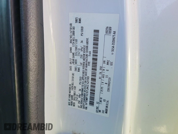 2018 Ford F-150 XL with VIN 1FTMF1C57JKC12705, listed as a IAAI auction lot 42552713 with 195,594 mi miles and . Bid and sale history available at DreamBid. Image 1.