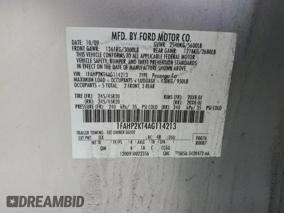 2010 Ford Taurus SHO with VIN 1FAHP2KT4AG114213, listed as a Copart auction lot 62375235 with 212,545 mi miles and Clean title. Bid and sale history available at DreamBid. Image 12.