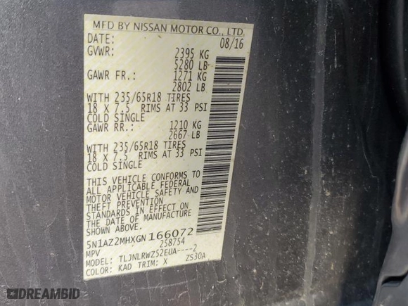 2016 Nissan Murano SL with VIN 5N1AZ2MHXGN166072, listed as a Copart auction lot 43659665 with 116,995 mi miles and Salvage Title. Bid and sale history available at carsss.com. Image 14.
