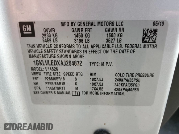 2010 GMC Acadia SLE z VIN 1GKLVLEDXAJ264872, wystawiony jako Copart lot #53799985 z przebiegiem 181 110 mil mil oraz Szkoda całkowita • Salvage title. Historia ofert i sprzedaży dostępna na DreamBid. Obrazek 13.