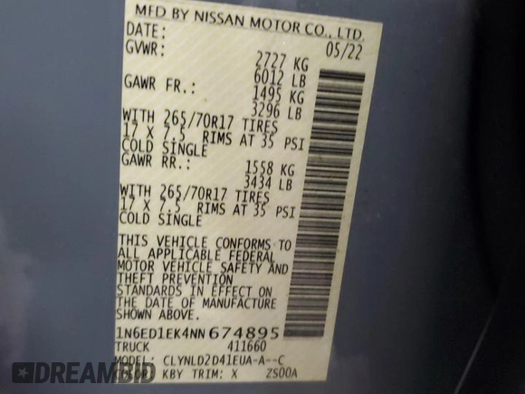 2022 Nissan Frontier Pro-4X z VIN 1N6ED1EK4NN674895, wystawiony jako Copart lot #54838395 z przebiegiem 44 867 mil mil oraz Szkoda całkowita • Salvage title. Historia ofert i sprzedaży dostępna na DreamBid. Obrazek 12.