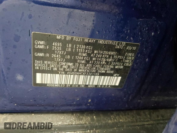 2015 Subaru Outback Premium with VIN 4S4BSAHCXF3301109, listed as a Copart auction lot 53354995 with 141,158 mi miles and Non Repairable. Bid and sale history available at DreamBid. Image 12.