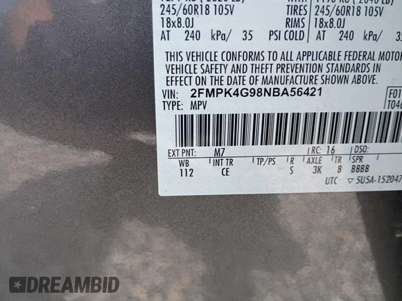 2022 Ford Edge SE with VIN 2FMPK4G98NBA56421, listed as a IAAI auction lot 42811031 with 75,214 mi miles and . Bid and sale history available at DreamBid. Image 10.