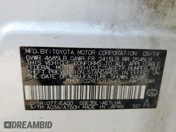 2014 Lexus IS 250 with VIN JTHCF1D2XE5013649, listed as a Copart auction lot 63593775 with 105,801 mi miles and Clean title. Bid and sale history available at DreamBid. Image 12.