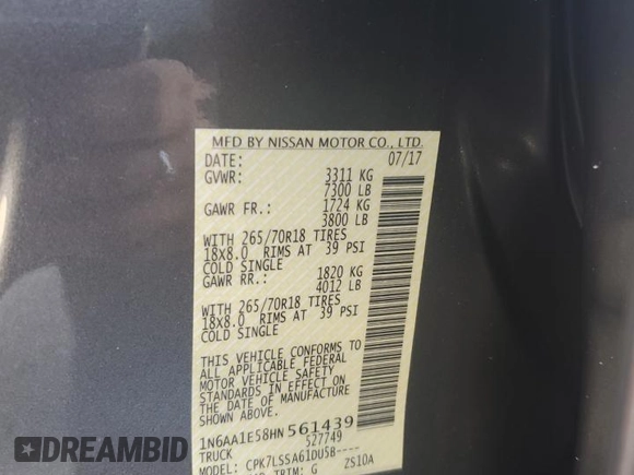 2017 Nissan Titan Platinum Reserve с VIN 1N6AA1E58HN561439, выставлен на аукционе Copart как лот 54821045 с пробегом 106 089 миль миль и Списание • Salvage title. История ставок и продаж доступна на DreamBid. Изображение 12.