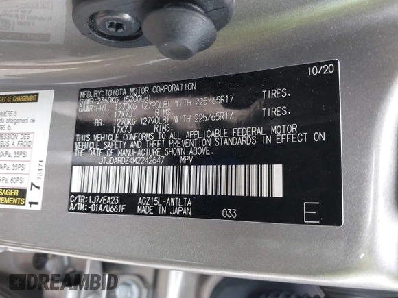 2021 Lexus NX with VIN JTJDARDZ4M2242647, listed as a IAAI auction lot 41693385 with 33,189 mi miles. Bid and sale history available at carsss.com. Image 9.