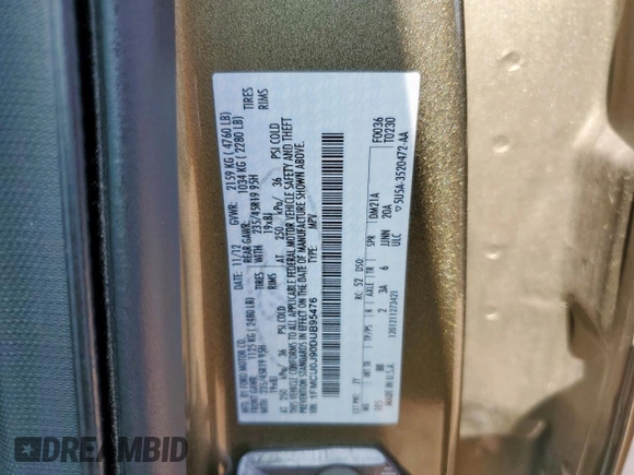 2013 Ford Escape Titanium with VIN 1FMCU0J90DUB95476, listed as a Copart auction lot 58769105 with 96,638 mi miles and Salvage title. Bid and sale history available at DreamBid. Image 13.