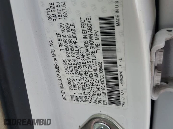2016 Acura RDX с VIN 5J8TB3H37GL006458, выставлен на аукционе Copart как лот 54954095 с пробегом 127 015 миль миль и Списание • Salvage title. История ставок и продаж доступна на DreamBid. Изображение 13.