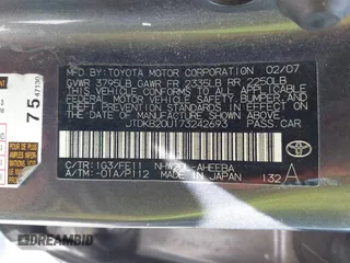 2007 Toyota Prius z VIN JTDKB20U173242693, wystawiony jako IAAI lot #42310546 z przebiegiem 250 887 mil mil oraz . Historia ofert i sprzedaży dostępna na DreamBid. Obrazek 9.