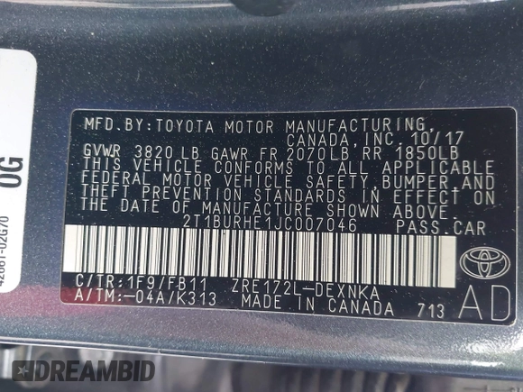 2018 Toyota Corolla L with VIN 2T1BURHE1JC007046, listed as a IAAI auction lot 42417100 with 69,845 mi miles and . Bid and sale history available at DreamBid. Image 9.