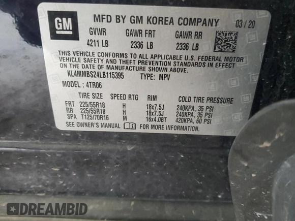 2020 Buick Encore GX Preferred with VIN KL4MMBS24LB115395, listed as a Copart auction lot 55334085 with 72,131 mi miles and Salvage title. Bid and sale history available at DreamBid. Image 13.