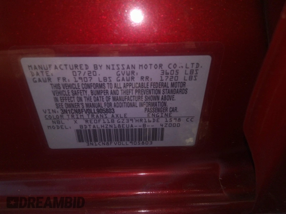 2020 Nissan Versa SR with VIN 3N1CN8FV0LL905803, listed as a IAAI auction lot 41590583 with 50,324 mi miles and . Bid and sale history available at DreamBid. Image 9.