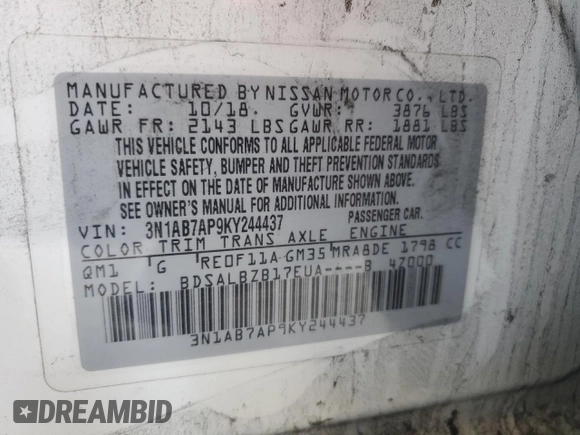 2019 Nissan Sentra SV z VIN 3N1AB7AP9KY244437, wystawiony jako Copart lot #57344405 z przebiegiem 149 973 mil mil oraz Czysty tytuł • Clean title. Historia ofert i sprzedaży dostępna na DreamBid. Obrazek 12.