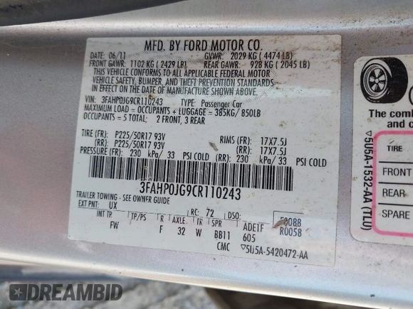 2012 Ford Fusion SEL with VIN 3FAHP0JG9CR110243, listed as a IAAI auction lot 42419099 with 164,000 mi miles and . Bid and sale history available at DreamBid. Image 9.