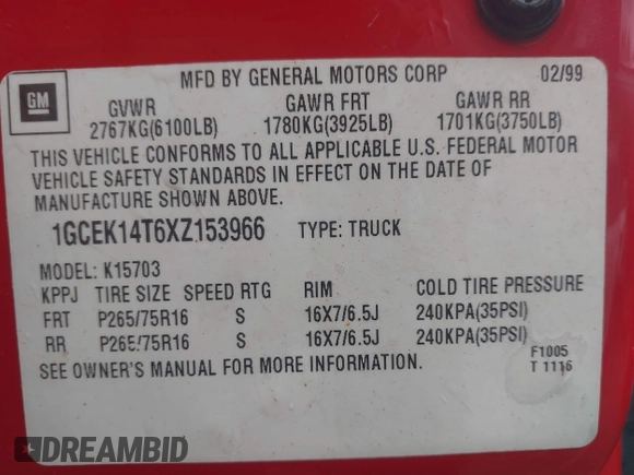1999 Chevrolet Silverado 1500 LS with VIN 1GCEK14T6XZ153966, listed as a IAAI auction lot 41898476 with 246,792 mi miles. Bid and sale history available at carsss.com. Image 9.