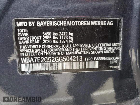 2016 BMW 7 Series 740i with VIN WBA7E2C52GG504213, listed as a Copart auction lot 53120313 with 55,933 mi miles. Bid and sale history available at carsss.com. Image 13.
