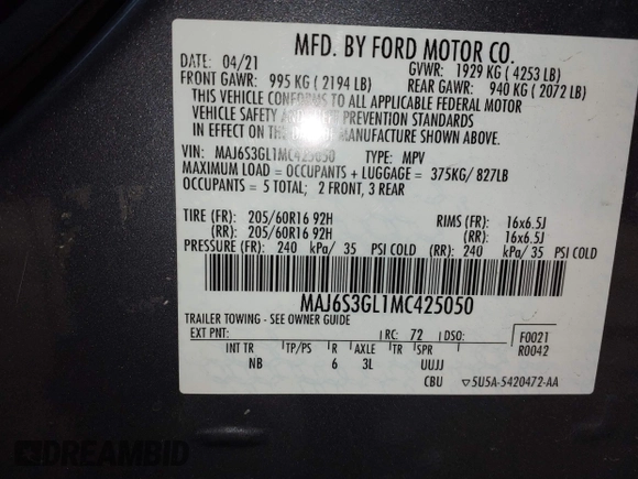 2021 Ford EcoSport SE z VIN MAJ6S3GL1MC425050, wystawiony jako IAAI lot #41808554 z przebiegiem 63 785 mil mil oraz . Historia ofert i sprzedaży dostępna na DreamBid. Obrazek 9.