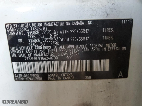 2016 Toyota RAV4 LE with VIN 2T3ZFREV1GW240730, listed as a Copart auction lot 49514655 with 109,529 mi miles and Salvage Title. Bid and sale history available at carsss.com. Image 12.
