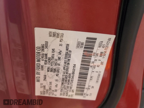 2010 Ford Explorer XLT with VIN 1FMEU7DE0AUB02154, listed as a Copart auction lot 62236065 with 163,979 mi miles and Clean title. Bid and sale history available at DreamBid. Image 13.