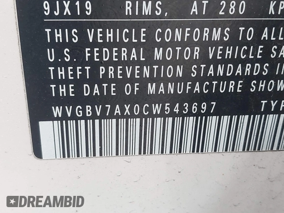 2012 Volkswagen Tiguan S with VIN WVGBV7AX0CW543697, listed as a IAAI auction lot 41853077 with 113,002 mi miles and . Bid and sale history available at DreamBid. Image 9.