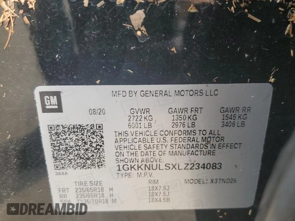 2020 GMC Acadia SLT with VIN 1GKKNULSXLZ234083, listed as a Copart auction lot 58593395 with Not provided miles and Salvage title. Bid and sale history available at DreamBid. Image 14.