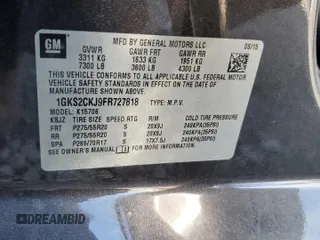 2015 GMC Yukon Denali with VIN 1GKS2CKJ9FR727818, listed as a Copart auction lot 50410655 with 0 mi miles and Salvage Title. Bid and sale history available at carsss.com. Image 13.
