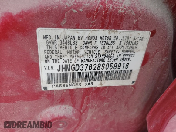 2008 Honda Fit Sport with VIN JHMGD37628S058916, listed as a Copart auction lot 48727835 with 190,109 mi miles and Salvage Title. Bid and sale history available at carsss.com. Image 12.