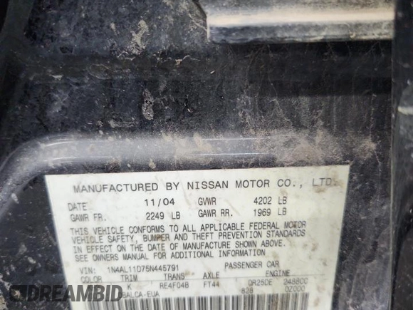 2005 Nissan Altima S z VIN 1N4AL11D75N445791, wystawiony jako Copart lot #60338565 z przebiegiem 258 687 mil mil oraz Szkoda całkowita • Salvage title. Historia ofert i sprzedaży dostępna na DreamBid. Obrazek 13.