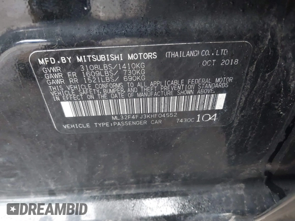 2019 Mitsubishi Mirage G4 SE with VIN ML32F4FJ3KHF04552, listed as a IAAI auction lot 41843111 with 192,463 mi miles. Bid and sale history available at carsss.com. Image 9.