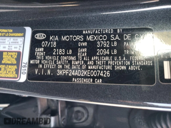 2019 Kia Forte LXS with VIN 3KPF24AD2KE007426, listed as a Copart auction lot 79623034 with 98,918 mi miles and Salvage Title. Bid and sale history available at carsss.com. Image 12.