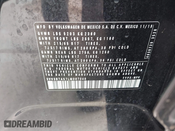 2020 Volkswagen Tiguan SE with VIN 3VV3B7AX7LM067046, listed as a IAAI auction lot 41697405 with 53,573 mi miles and . Bid and sale history available at DreamBid. Image 9.