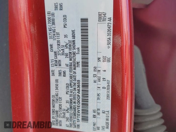2016 Ford F-150 XLT with VIN 1FTEW1EG0GFA63655, listed as a Copart auction lot 61683815 with 113,952 mi miles and Salvage title. Bid and sale history available at DreamBid. Image 12.