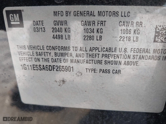 2013 Chevrolet Malibu LT with VIN 1G11E5SA6DF265901, listed as a IAAI auction lot 41971492 with 203,612 mi miles. Bid and sale history available at carsss.com. Image 9.