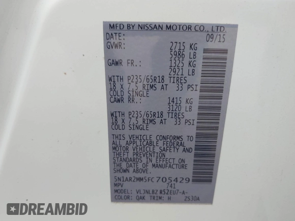 2015 Nissan Pathfinder SL with VIN 5N1AR2MM5FC705429, listed as a IAAI auction lot 42678231 with 162,526 mi miles and . Bid and sale history available at DreamBid. Image 9.