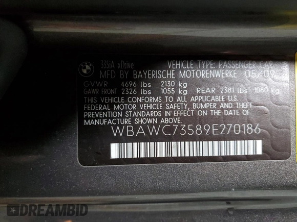 2009 BMW 3 Series 335i xDrive with VIN WBAWC73589E270186, listed as a Copart auction lot 82316944 with 109,494 mi miles and Salvage title. Bid and sale history available at DreamBid. Image 13.