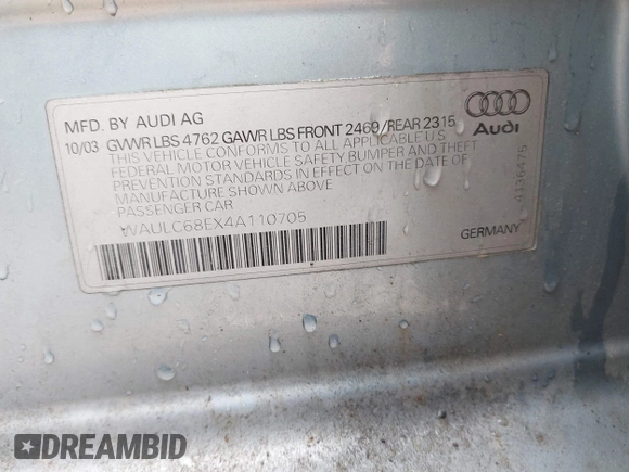 2004 Audi A4 1.8T z VIN WAULC68EX4A110705, wystawiony jako IAAI lot #42466648 z przebiegiem 163 799 mil mil oraz . Historia ofert i sprzedaży dostępna na DreamBid. Obrazek 9.