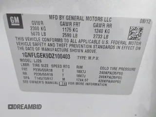 2013 Chevrolet Equinox LTZ with VIN 1GNFLGEK9DZ100403, listed as a IAAI auction lot 42011176 with 205,619 mi miles. Bid and sale history available at carsss.com. Image 9.