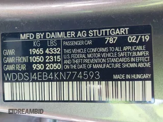 2019 Mercedes-Benz CLA 250 with VIN WDDSJ4EB4KN774593, listed as a IAAI auction lot 41711542 with 78,926 mi miles and . Bid and sale history available at DreamBid. Image 9.